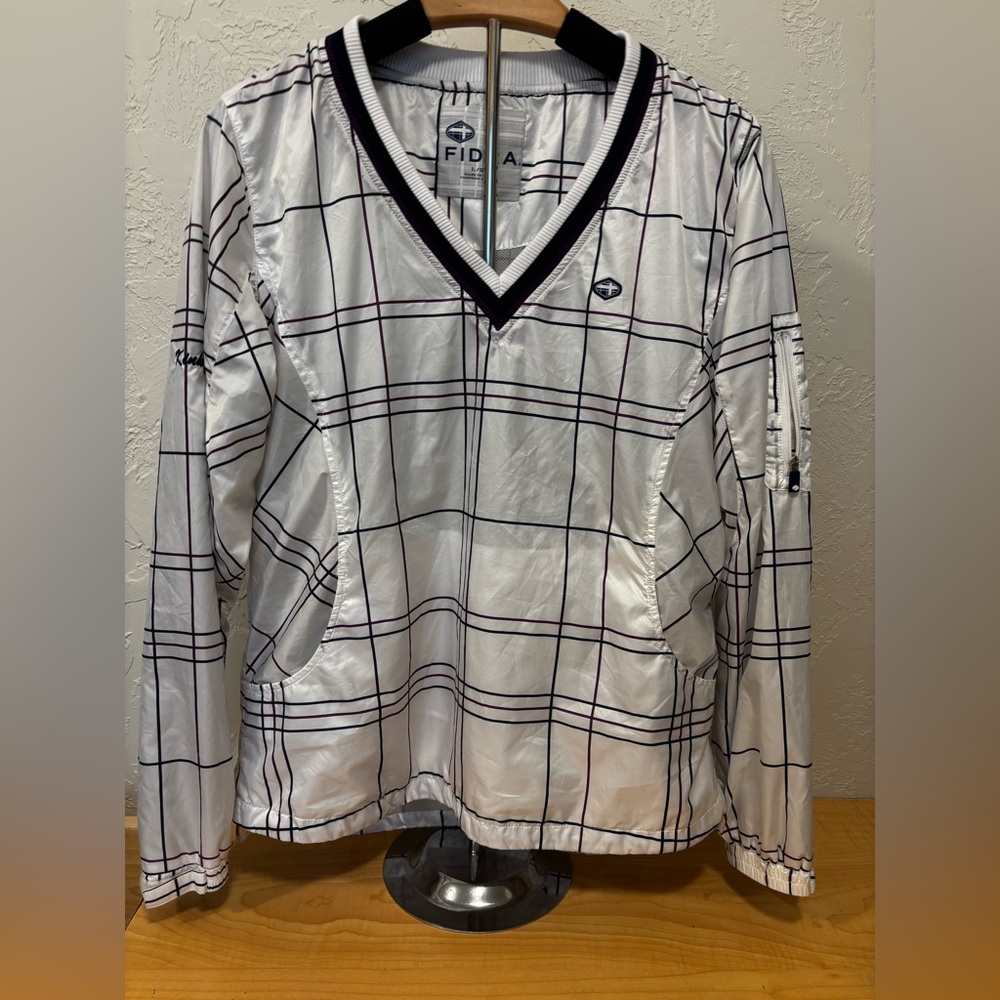 Fidra Golf Windbreaker Pullover‎ L White Plaid V-Neck Jacket Pockets Logo Trim